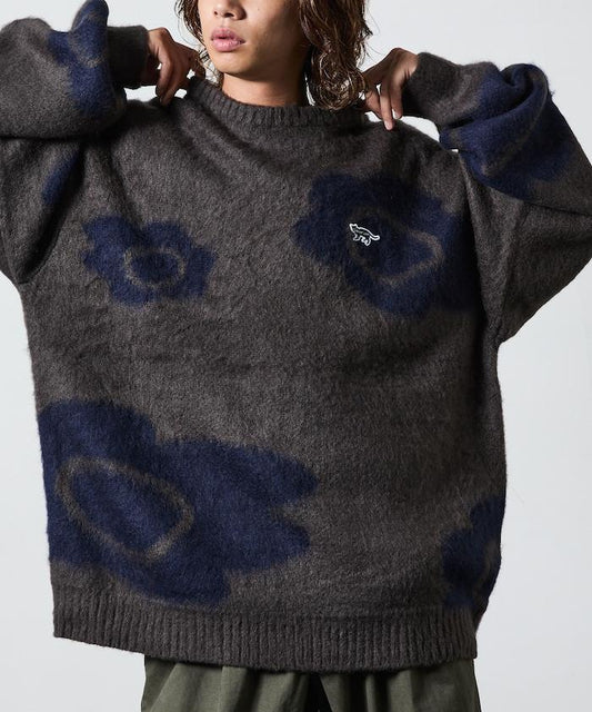 寬鬆版型 提花 圓領 仿馬海毛 長毛針織衫 / 花卉圖案