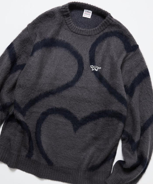 寬鬆版型 提花 圓領仿馬海毛長毛針織衫 / 愛心圖案