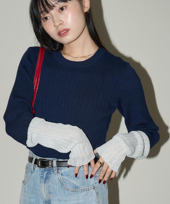 袖配色 リブニット トップス 限定展開