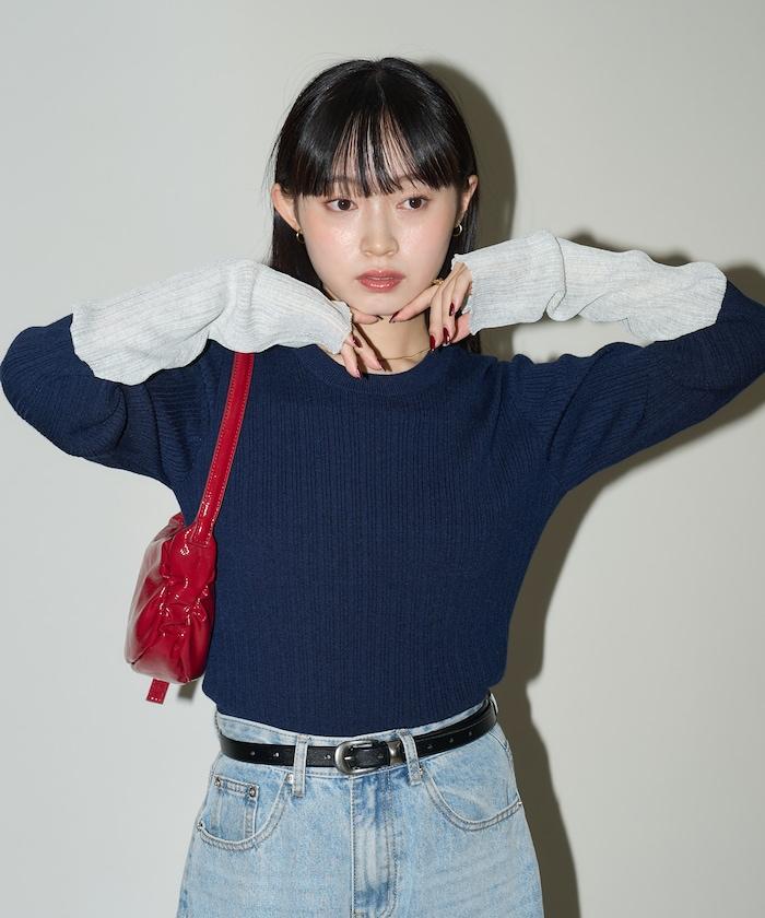 袖配色 リブニット トップス 限定展開