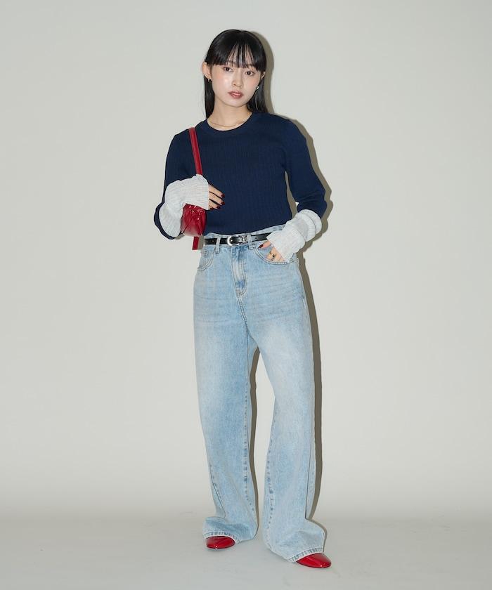 袖配色 リブニット トップス 限定展開