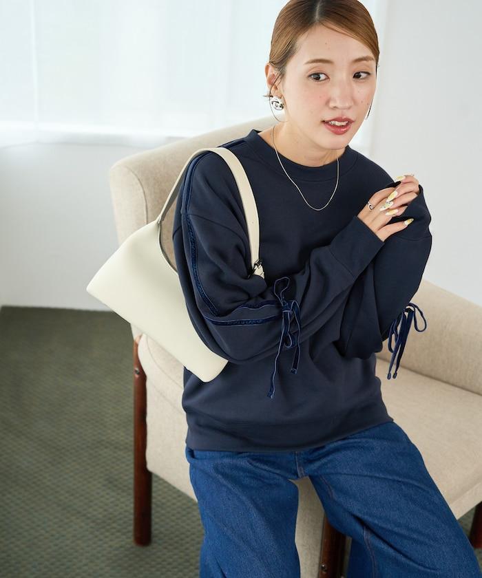 天鵝絨蝴蝶結條紋加絨衛衣套頭衫【限定展售】