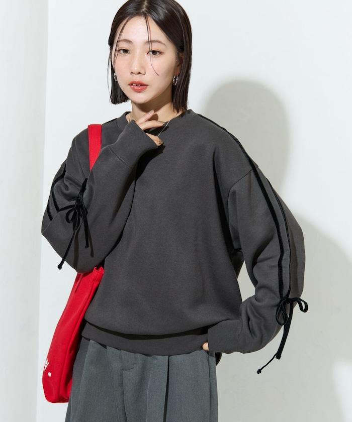 天鵝絨蝴蝶結條紋加絨衛衣套頭衫【限定展售】