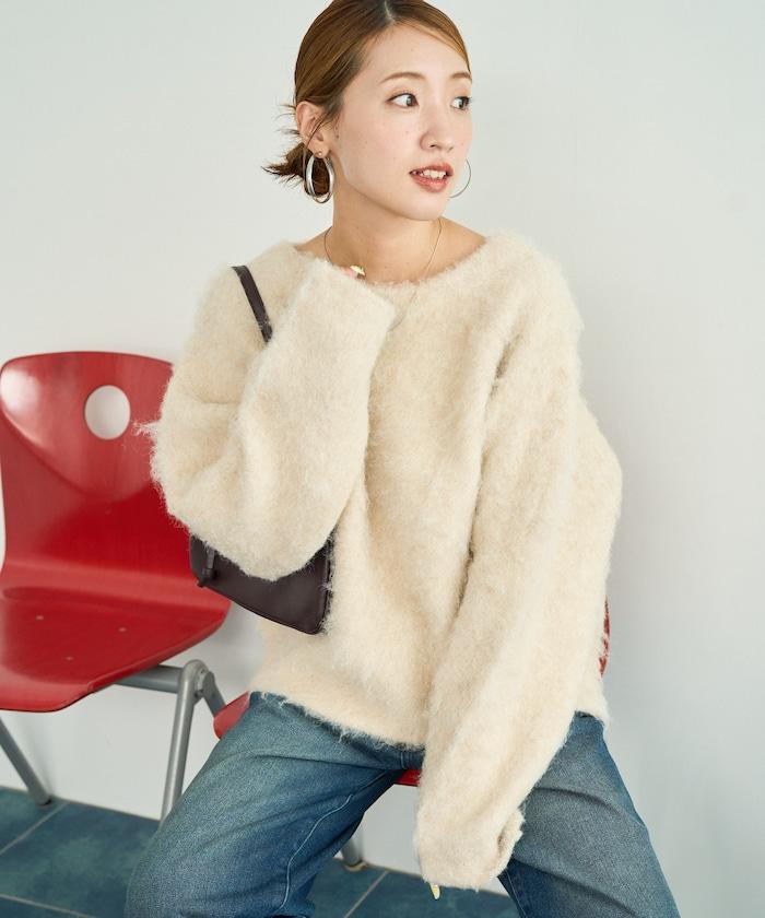 混色長絨拉格蘭袖針織套頭衫