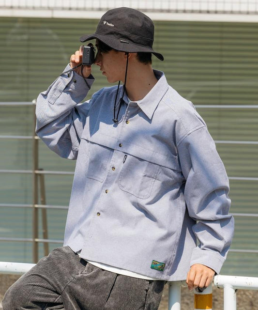 牛津布九分袖多功能口袋長袖襯衫