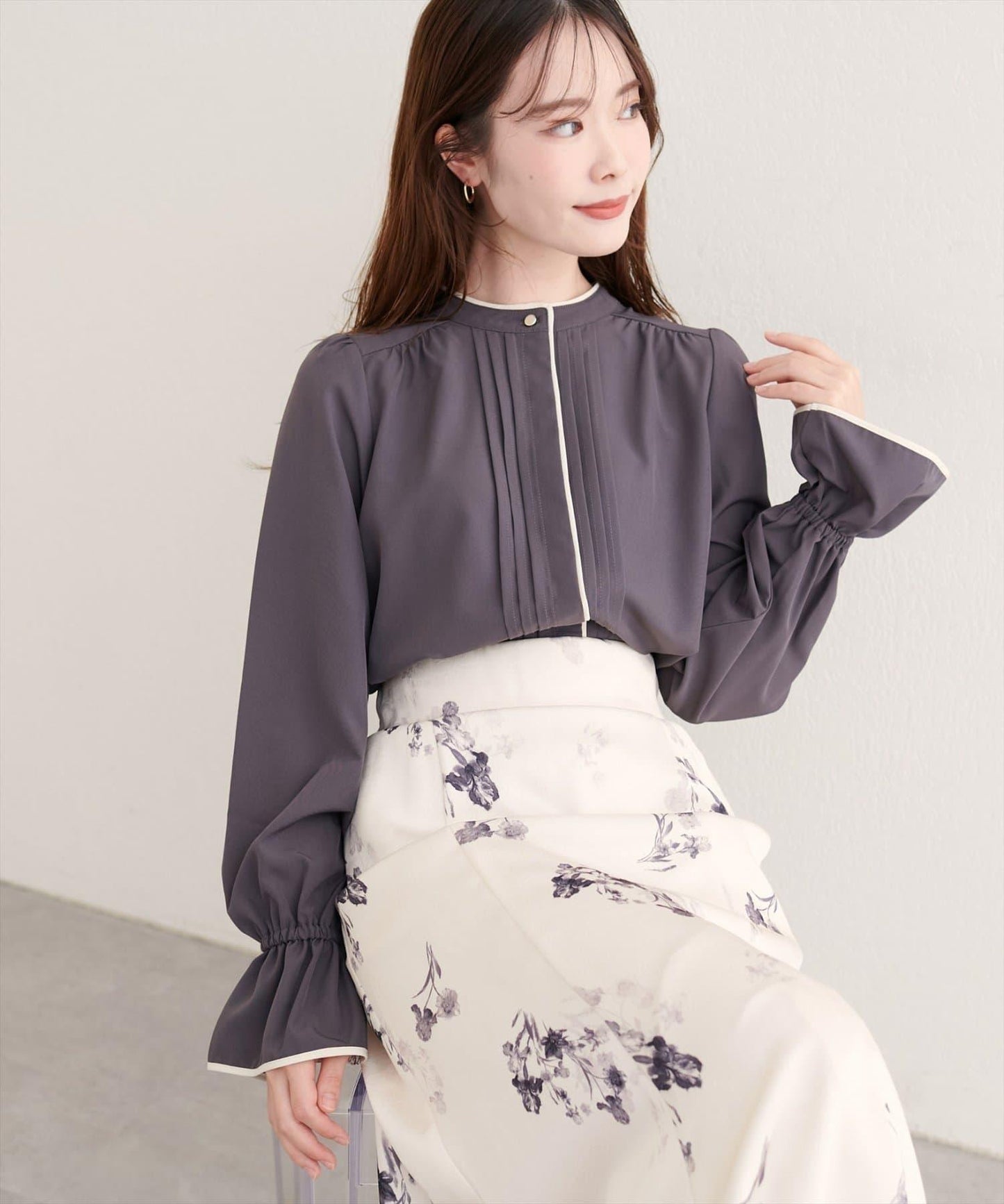 拼色滾邊褶皺女襯衫