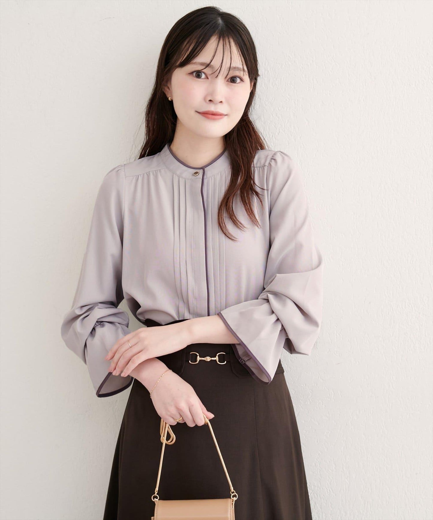 拼色滾邊褶皺女襯衫