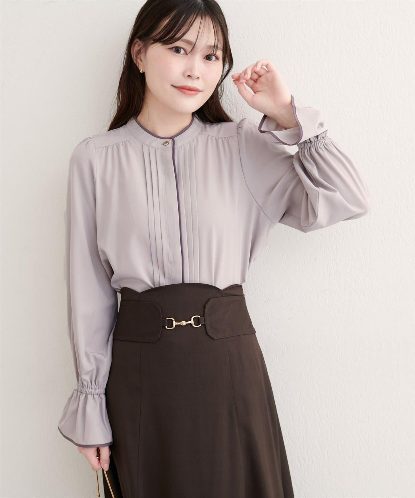 拼色滾邊褶皺女襯衫