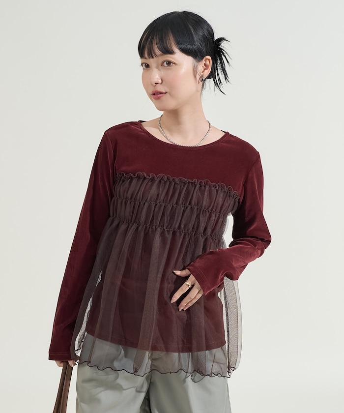 天鵝絨拼接網紗長袖T恤