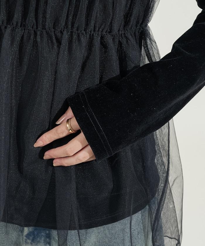 天鵝絨拼接網紗長袖T恤