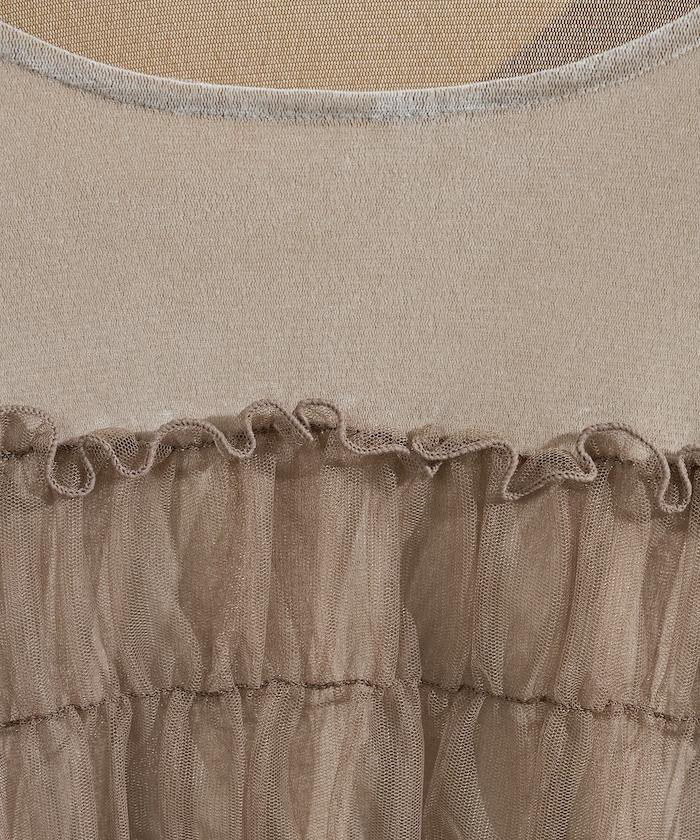 天鵝絨拼接網紗長袖T恤