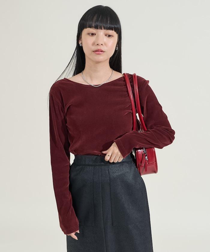 天鵝絨後背開口長袖T恤