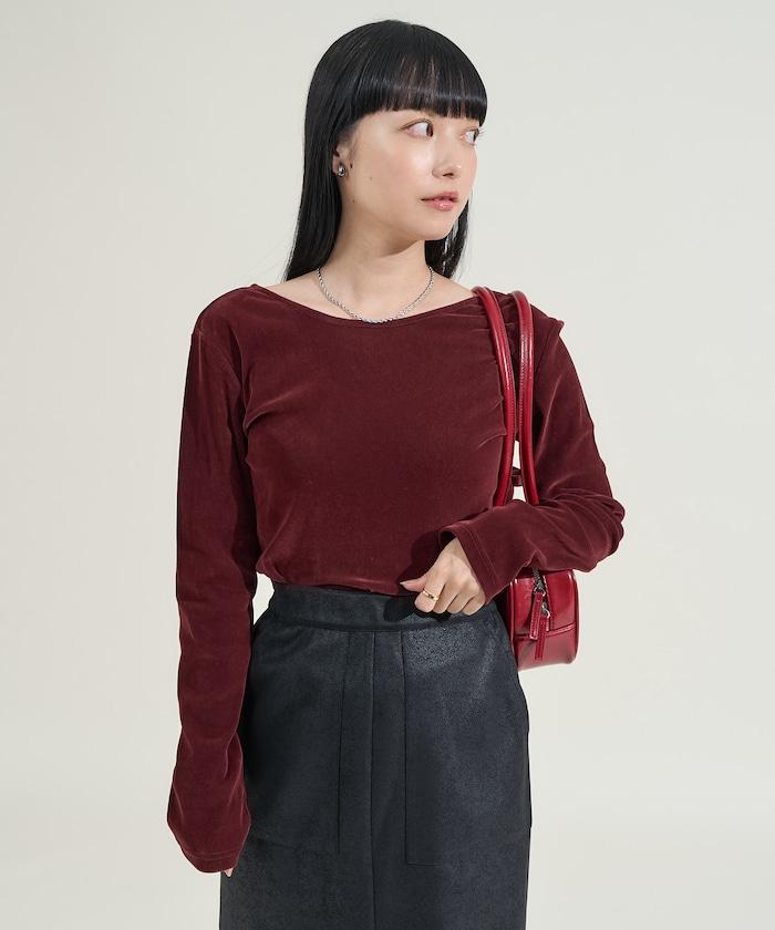 天鵝絨後背開口長袖T恤