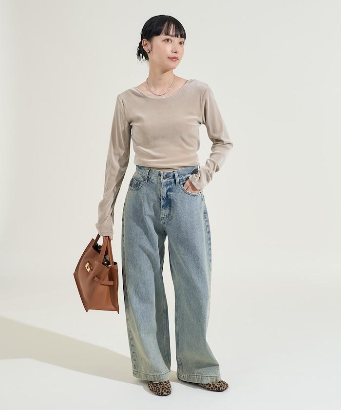 天鵝絨後背開口長袖T恤