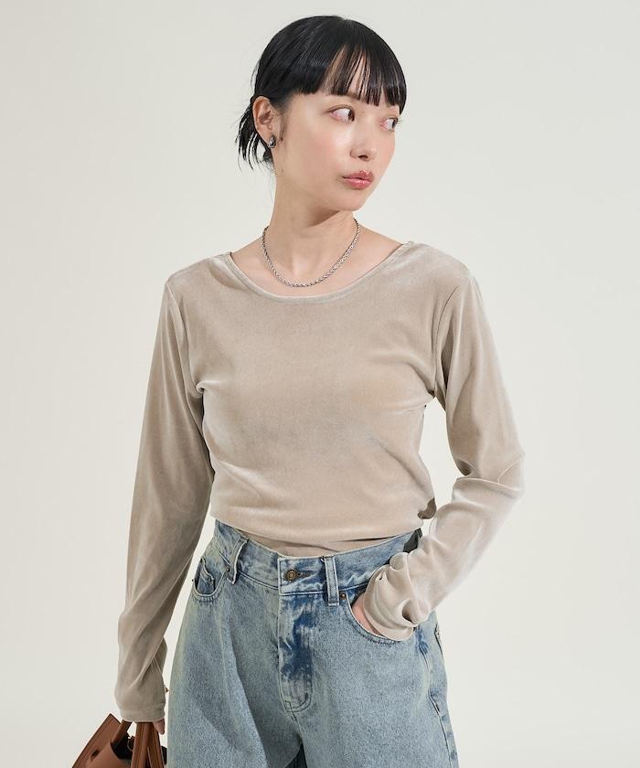 天鵝絨後背開口長袖T恤