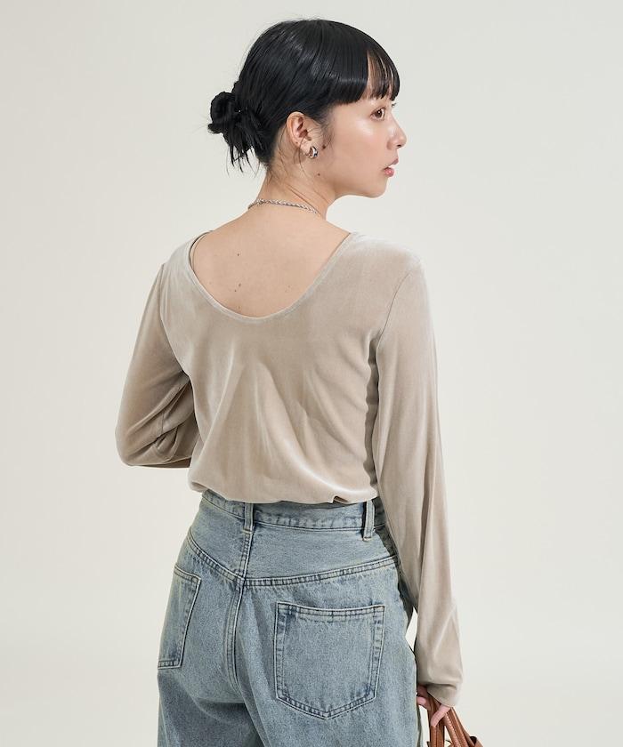 天鵝絨後背開口長袖T恤