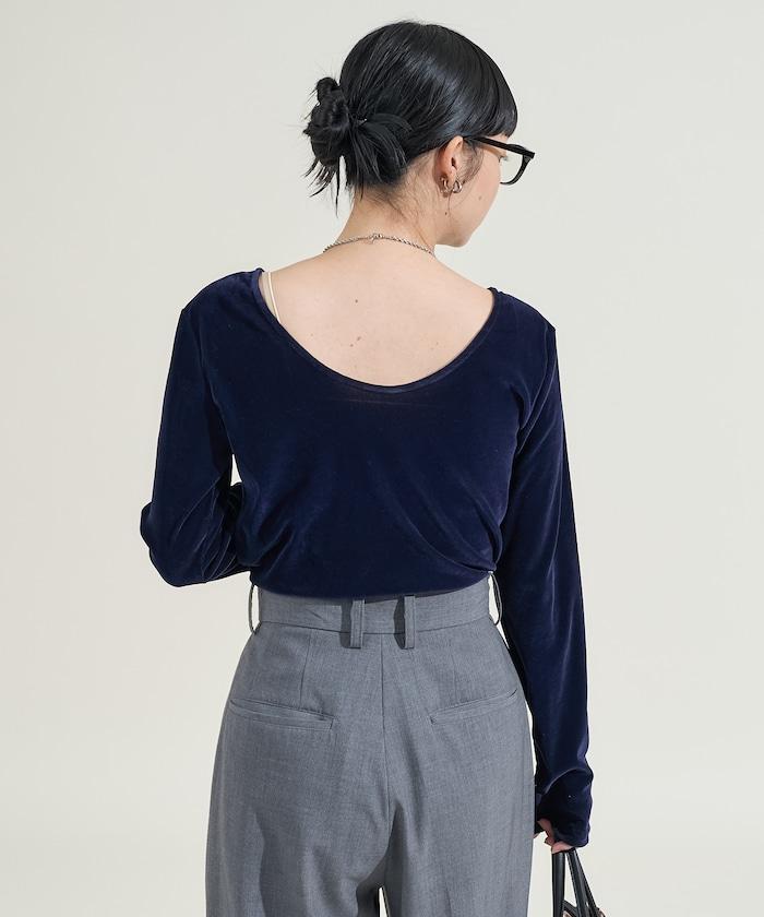 天鵝絨後背開口長袖T恤