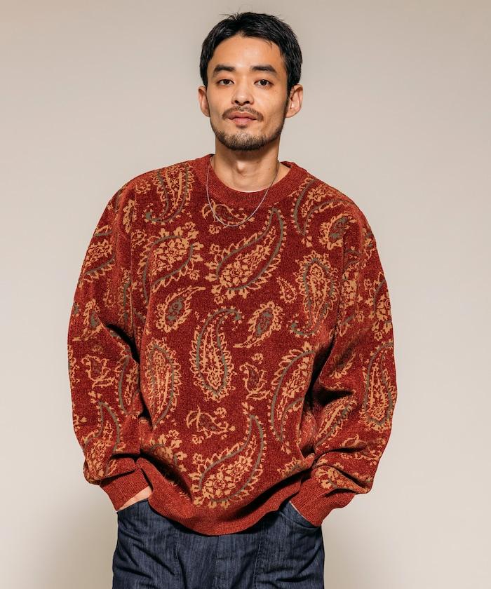 寬鬆版型佩斯利滿印花毛圈紗圓領針織衫