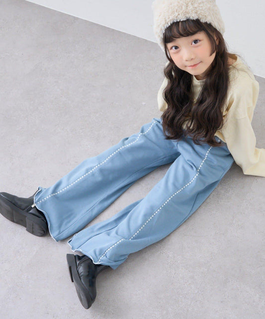 【KIDS】拼色蛤殼縫線微喇叭褲