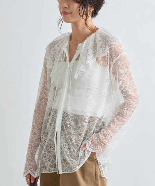 【精緻蕾絲點綴】荷葉邊領蕾絲襯衫