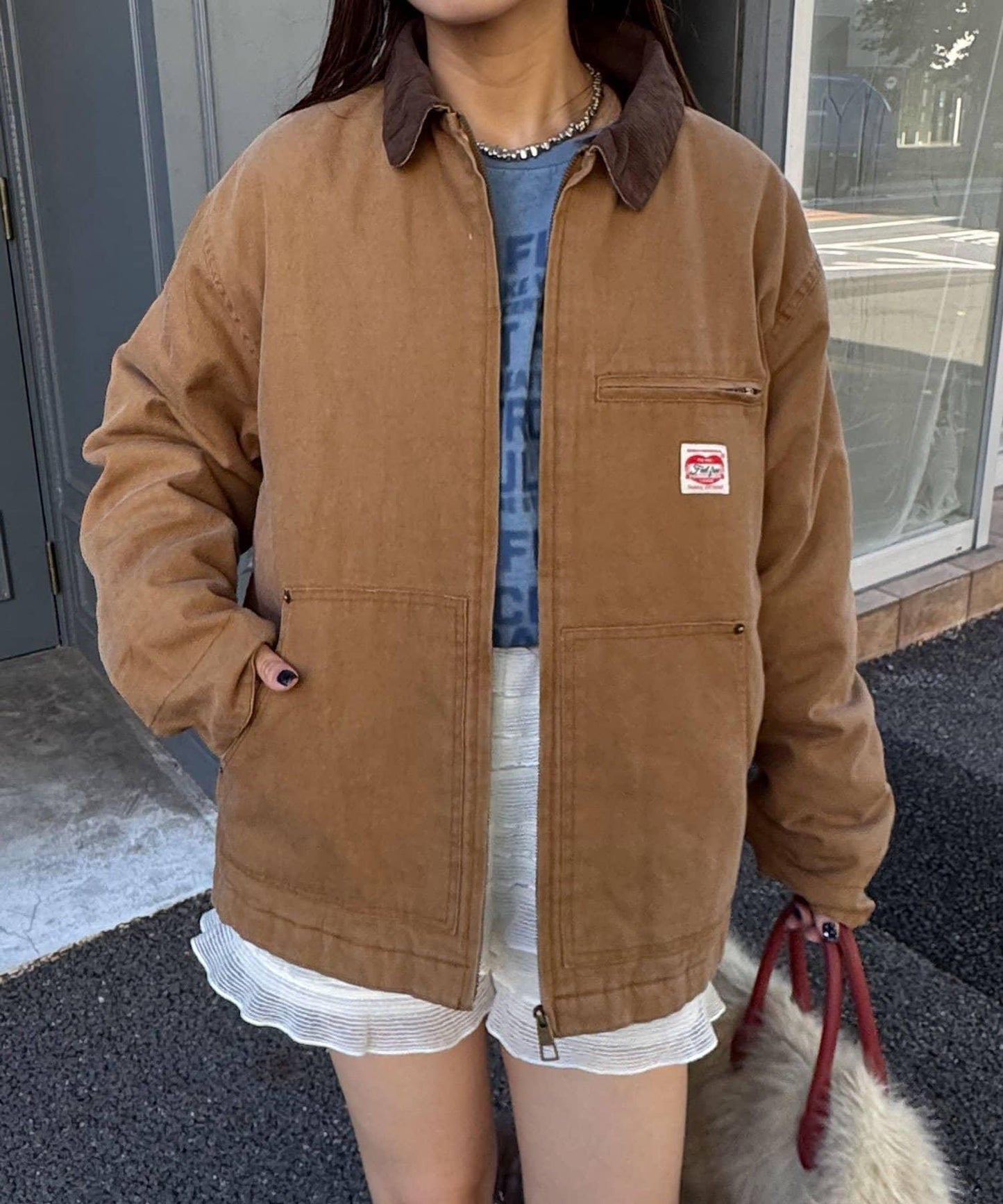 燈芯絨拼色工裝夾克