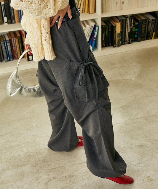 帶側口袋褶皺長褲