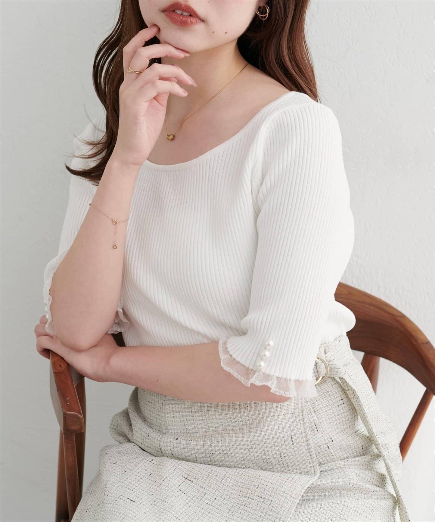 【natural couture】前後兩穿透視荷葉邊羅紋針織衫