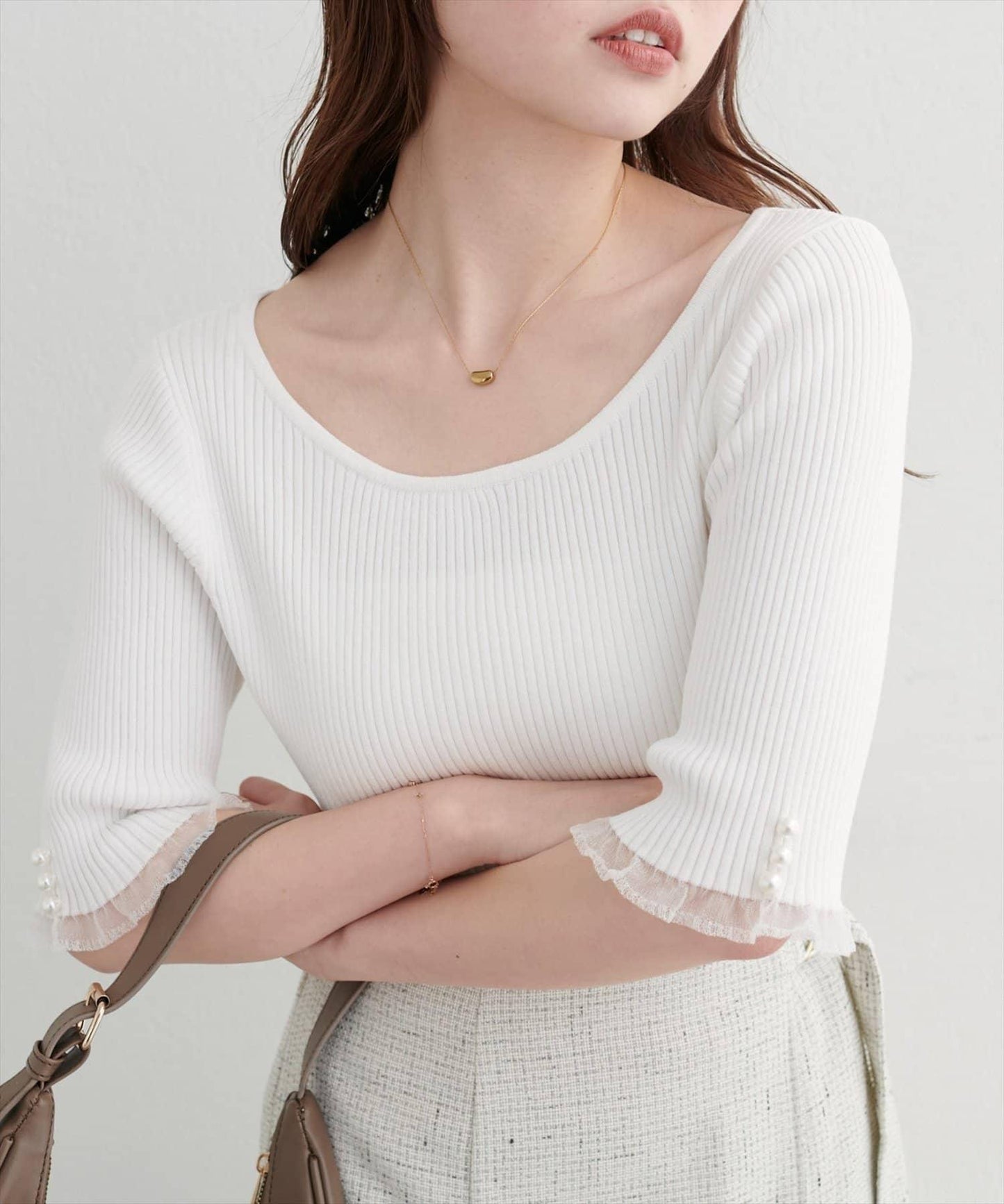 【natural couture】前後兩穿透視荷葉邊羅紋針織衫