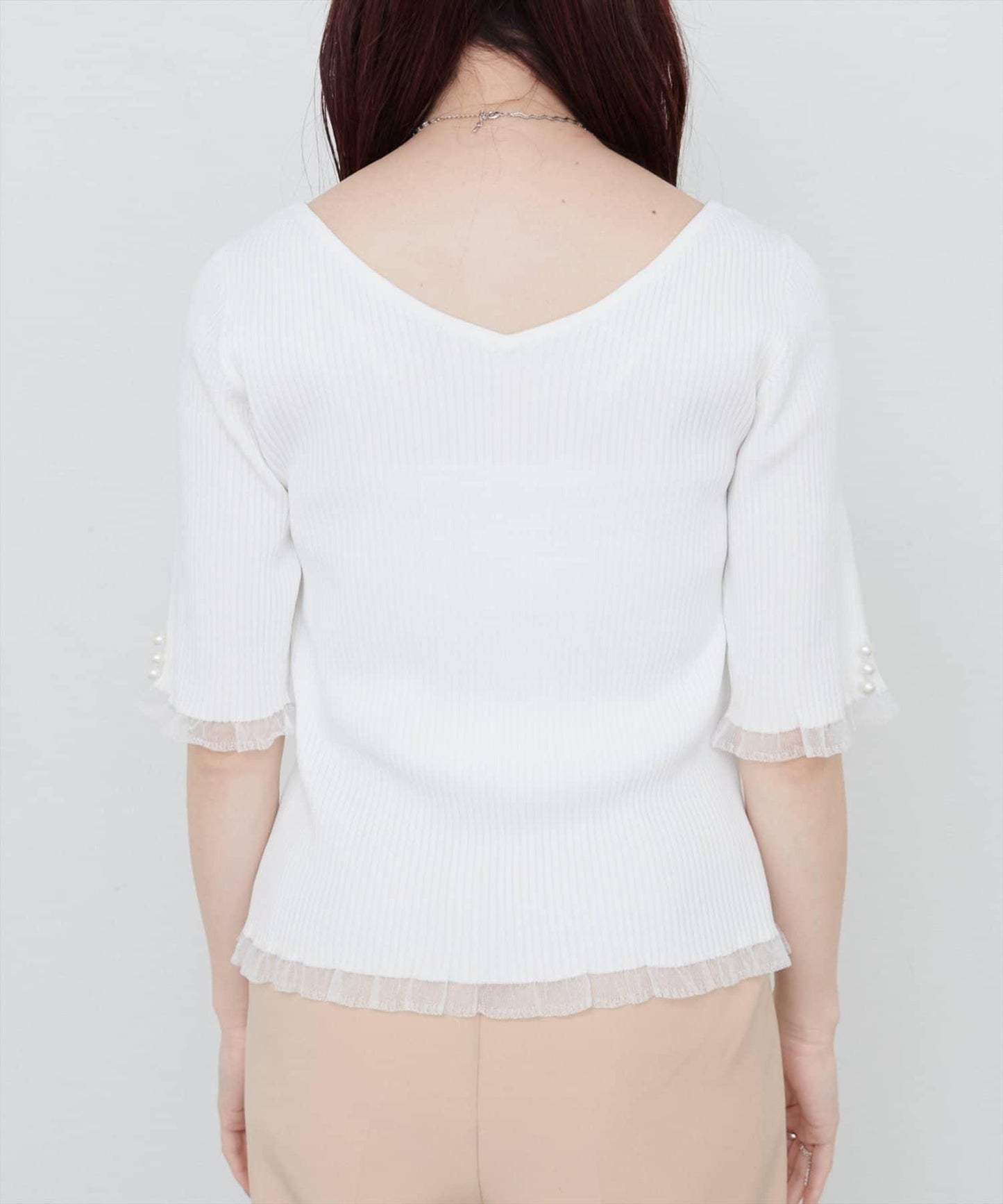 【natural couture】前後兩穿透視荷葉邊羅紋針織衫