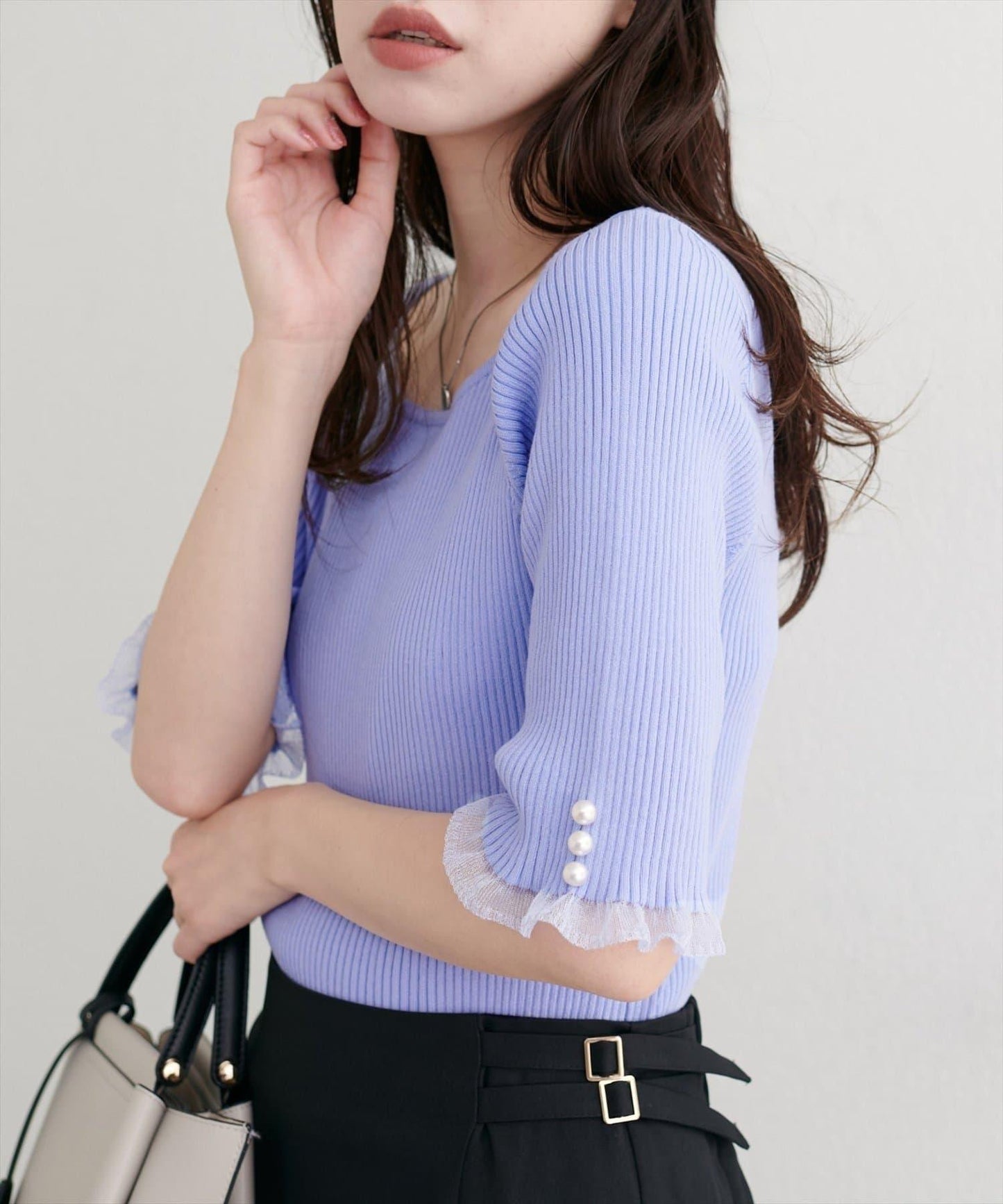 【natural couture】前後兩穿透視荷葉邊羅紋針織衫