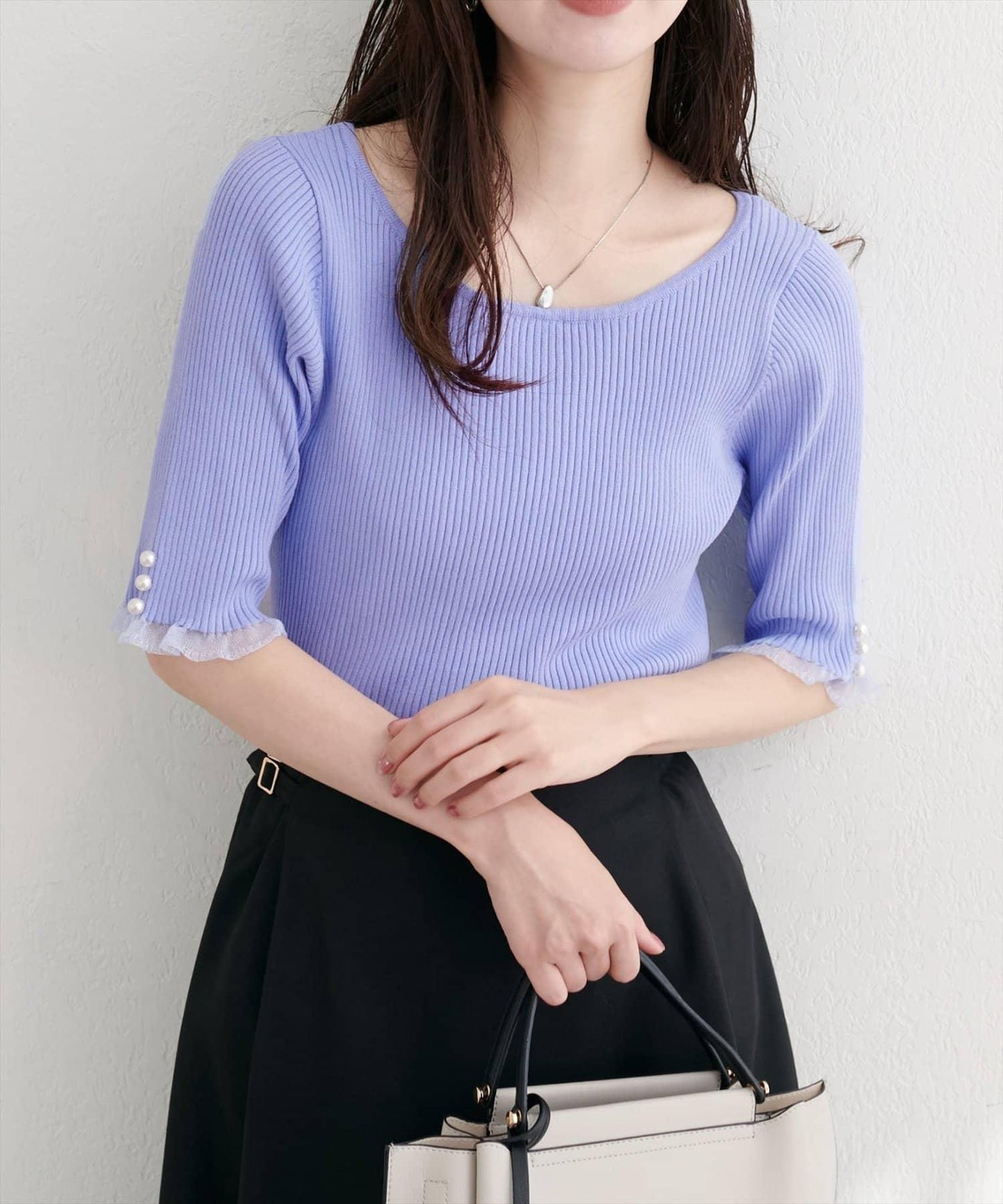 【natural couture】前後兩穿透視荷葉邊羅紋針織衫