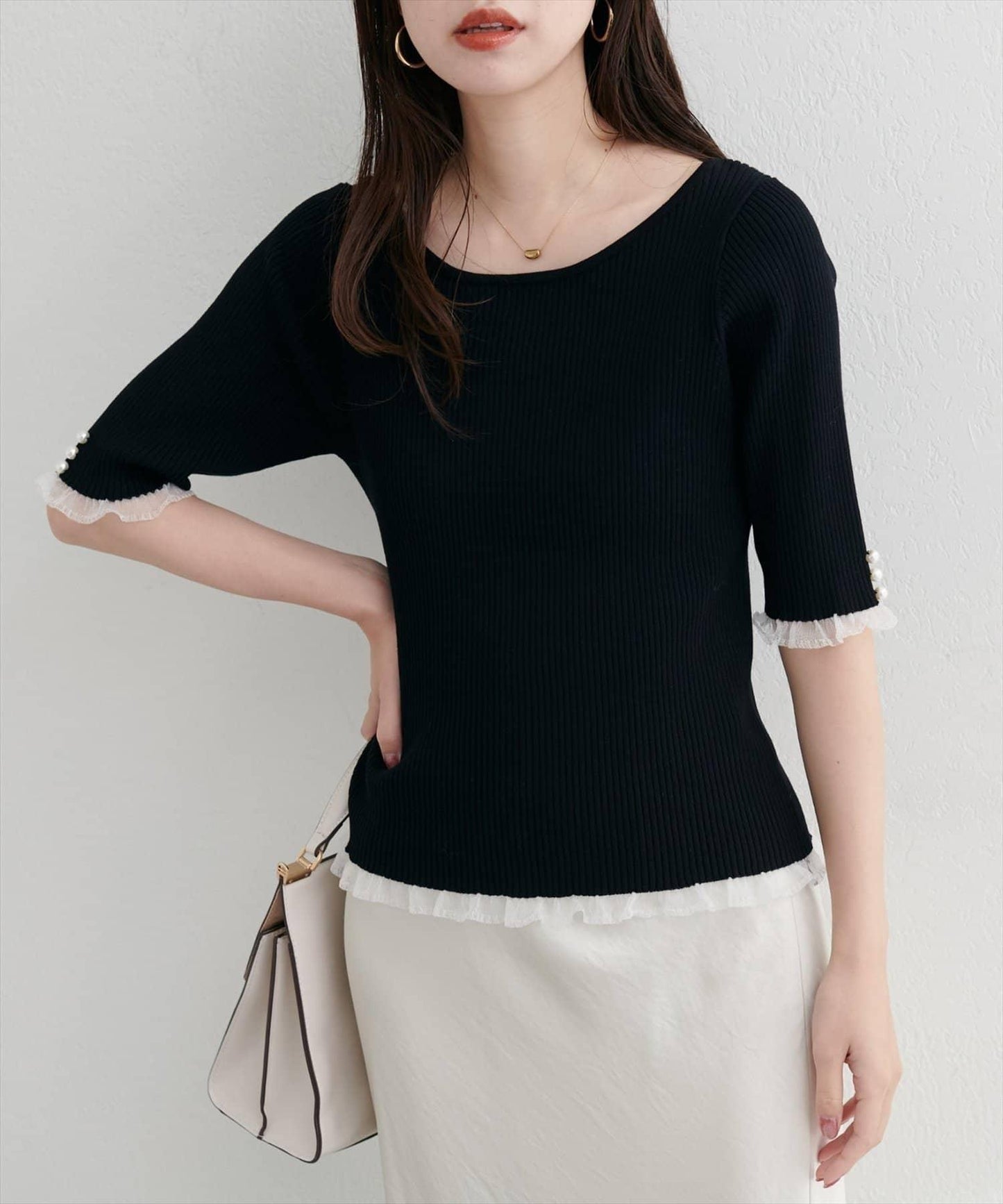 【natural couture】前後兩穿透視荷葉邊羅紋針織衫