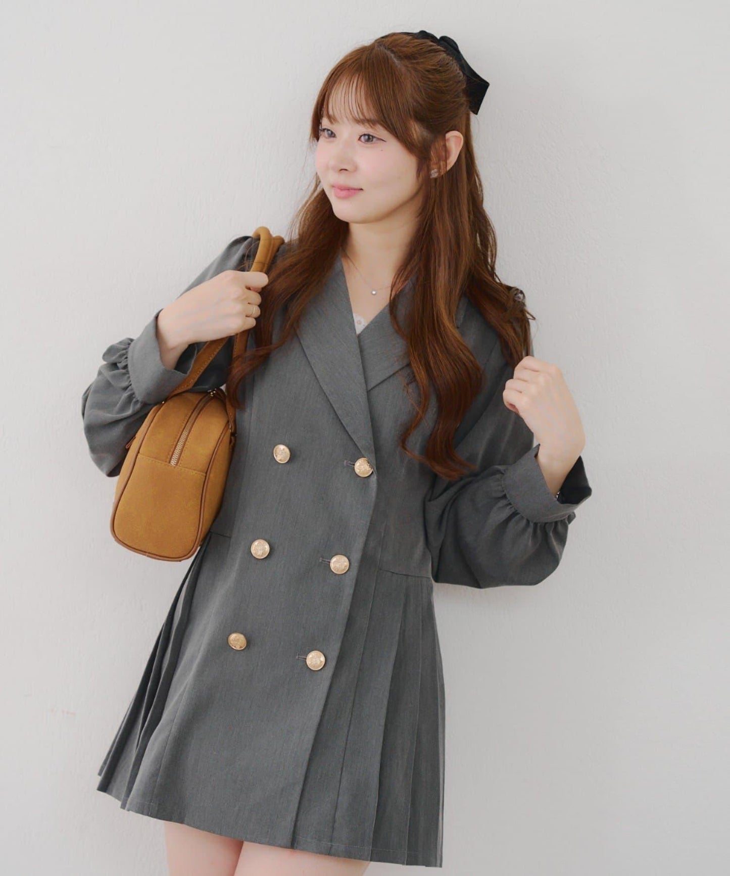 西裝領百褶迷你連衣裙