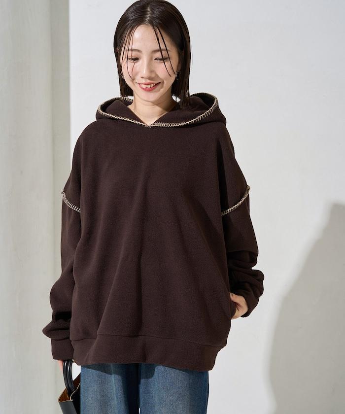 拼接縫線法蘭絨連帽衛衣
