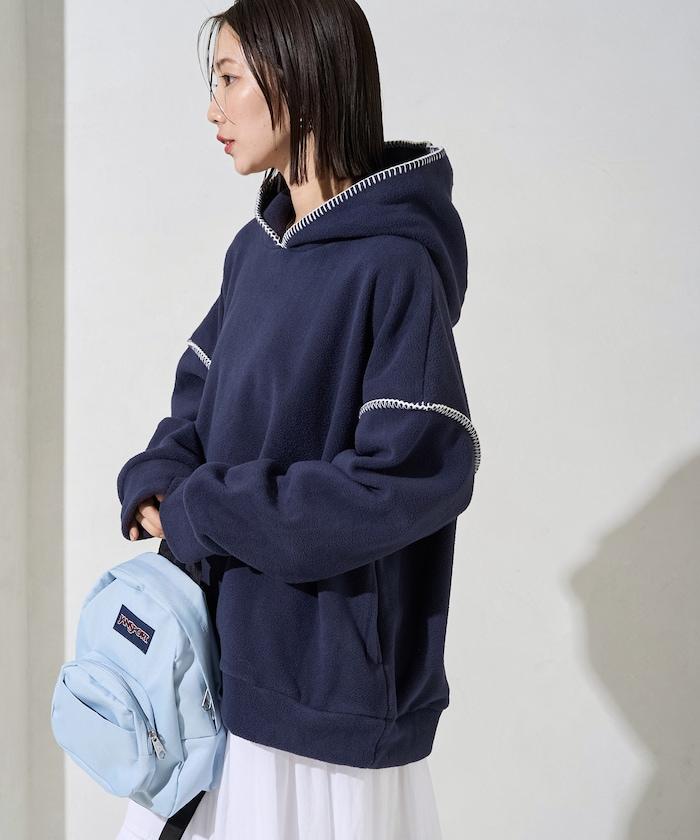 拼接縫線法蘭絨連帽衛衣
