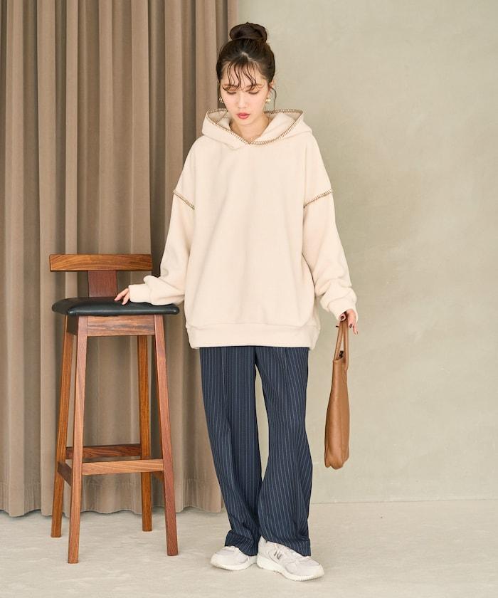 拼接縫線法蘭絨連帽衛衣