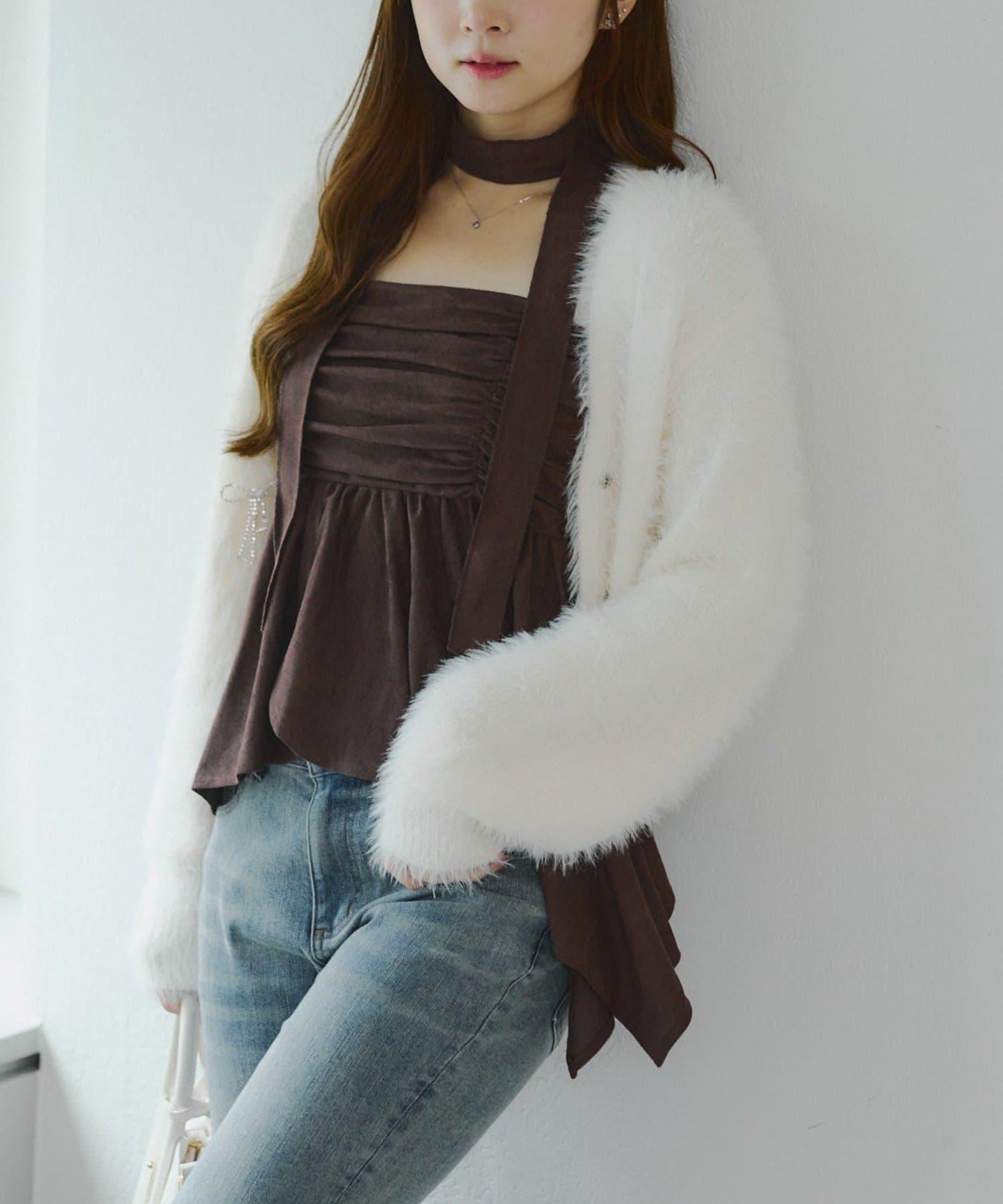 附項鍊頸圈設計顯身材【RMAF】不對稱下襬吊帶長款上衣