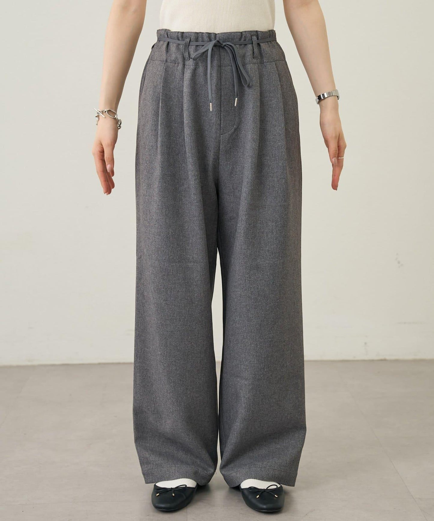 【收腰顯瘦!】附帶繫帶腰帶褶皺寬鬆休閒長褲