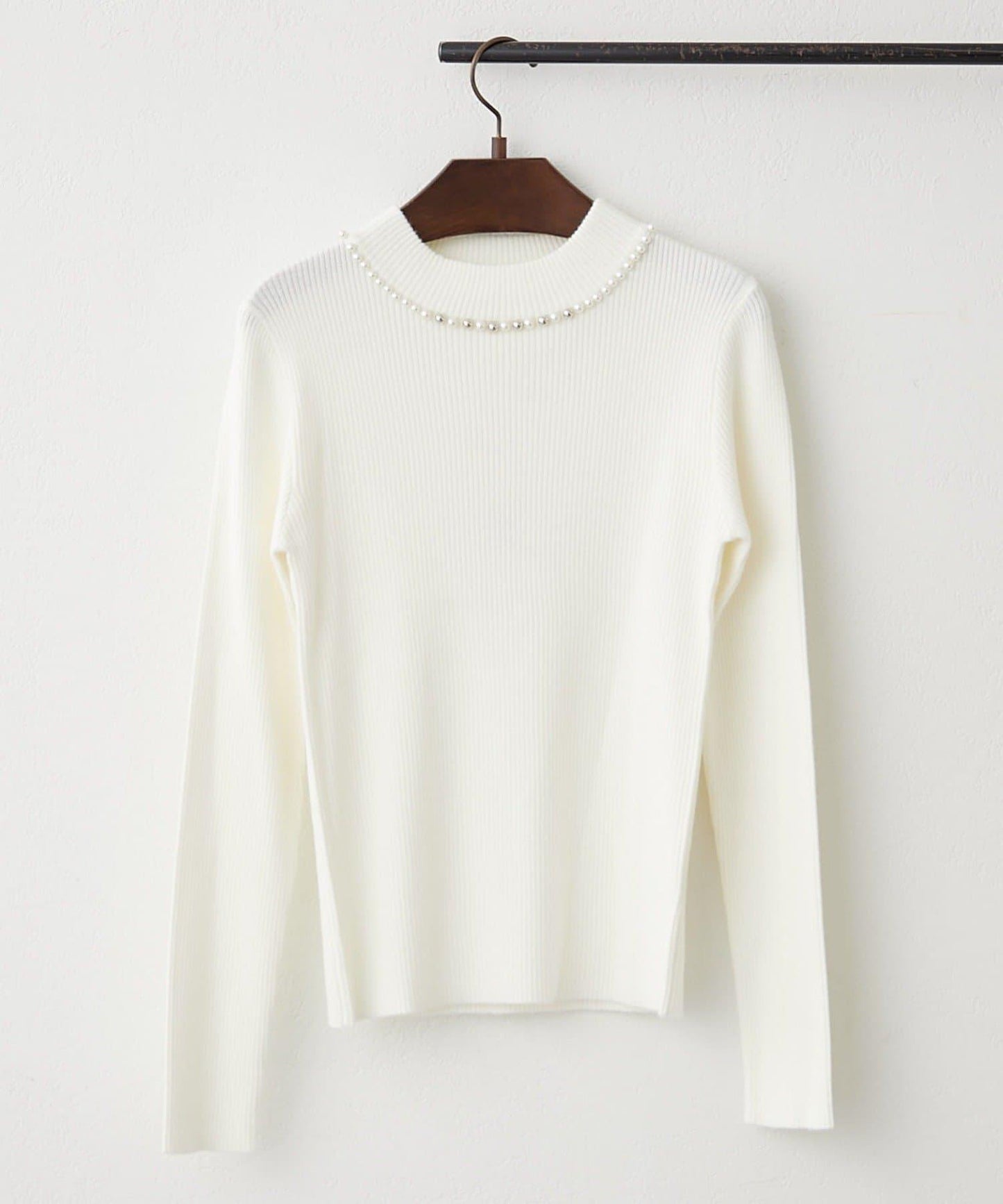 【RMAF】珍珠裝飾小高領羅紋針織衫