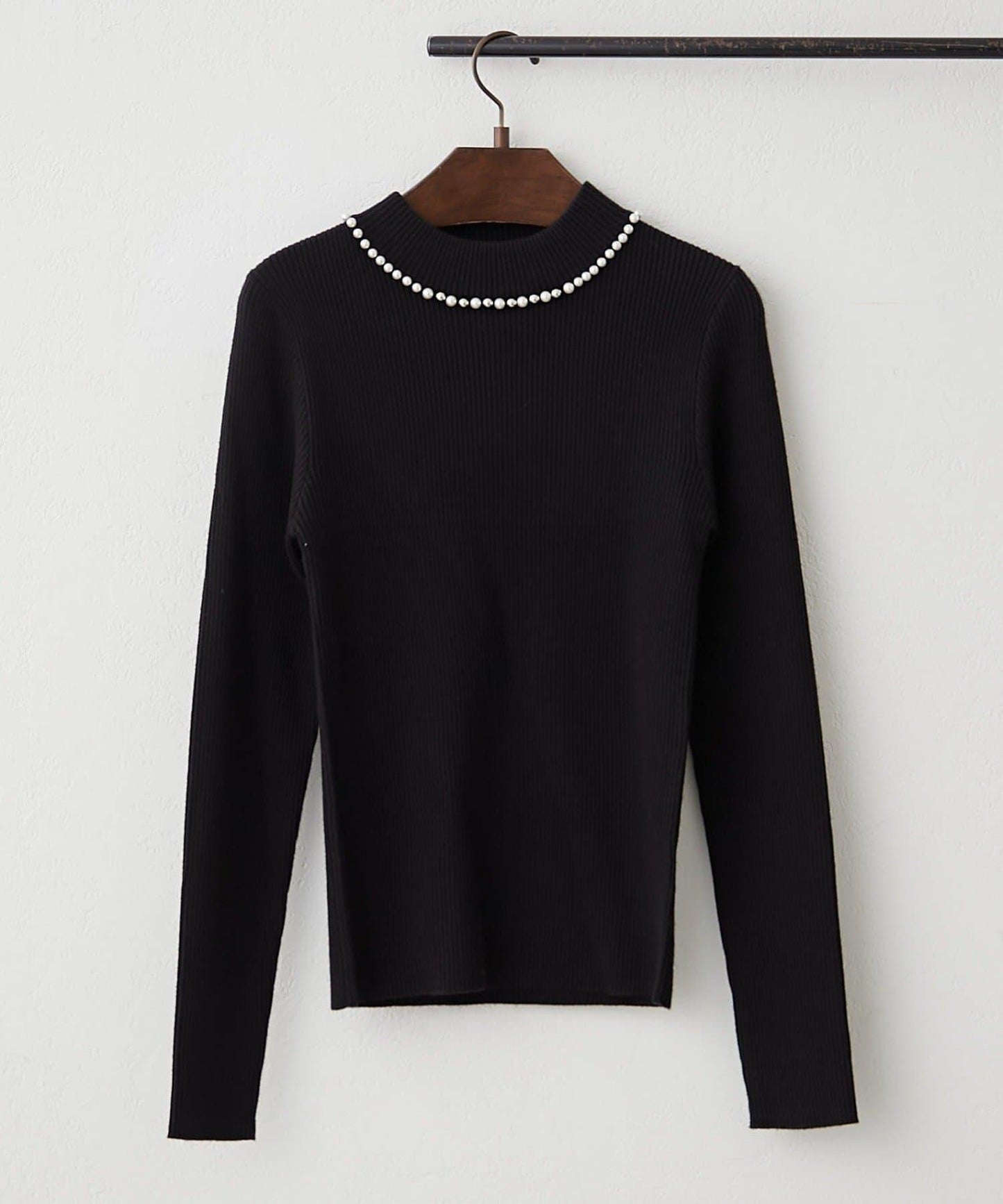 【RMAF】珍珠裝飾小高領羅紋針織衫