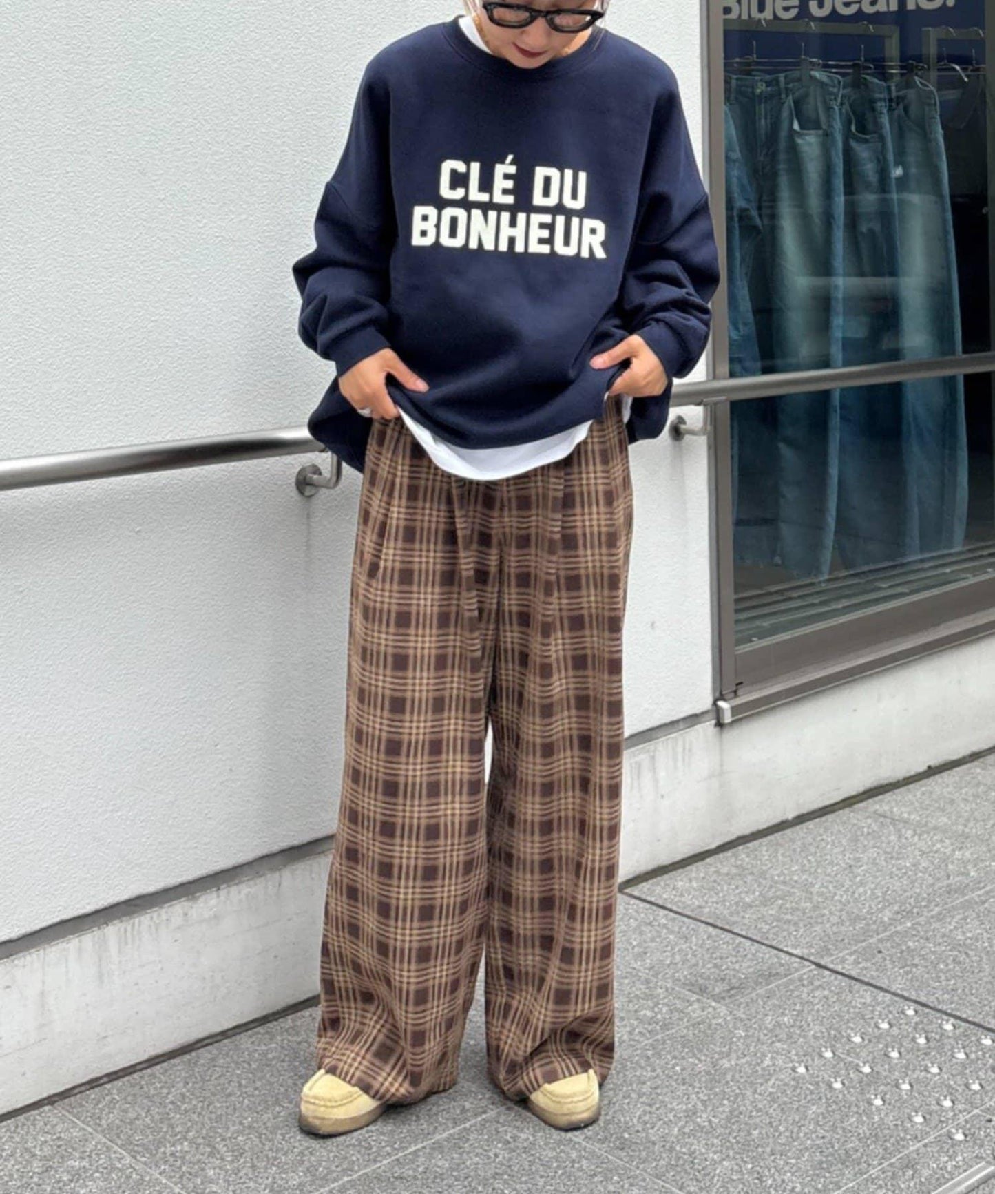 法蘭絨格紋褶皺寬鬆闊腿褲