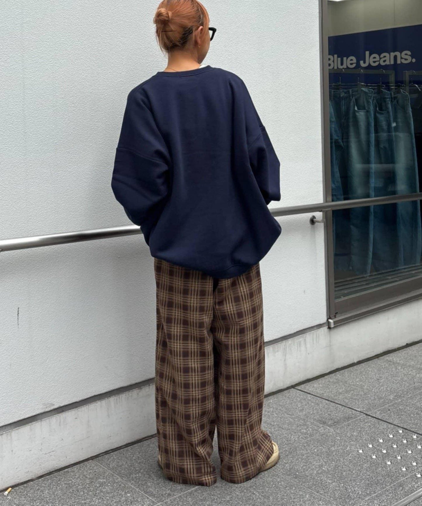 法蘭絨格紋褶皺寬鬆闊腿褲