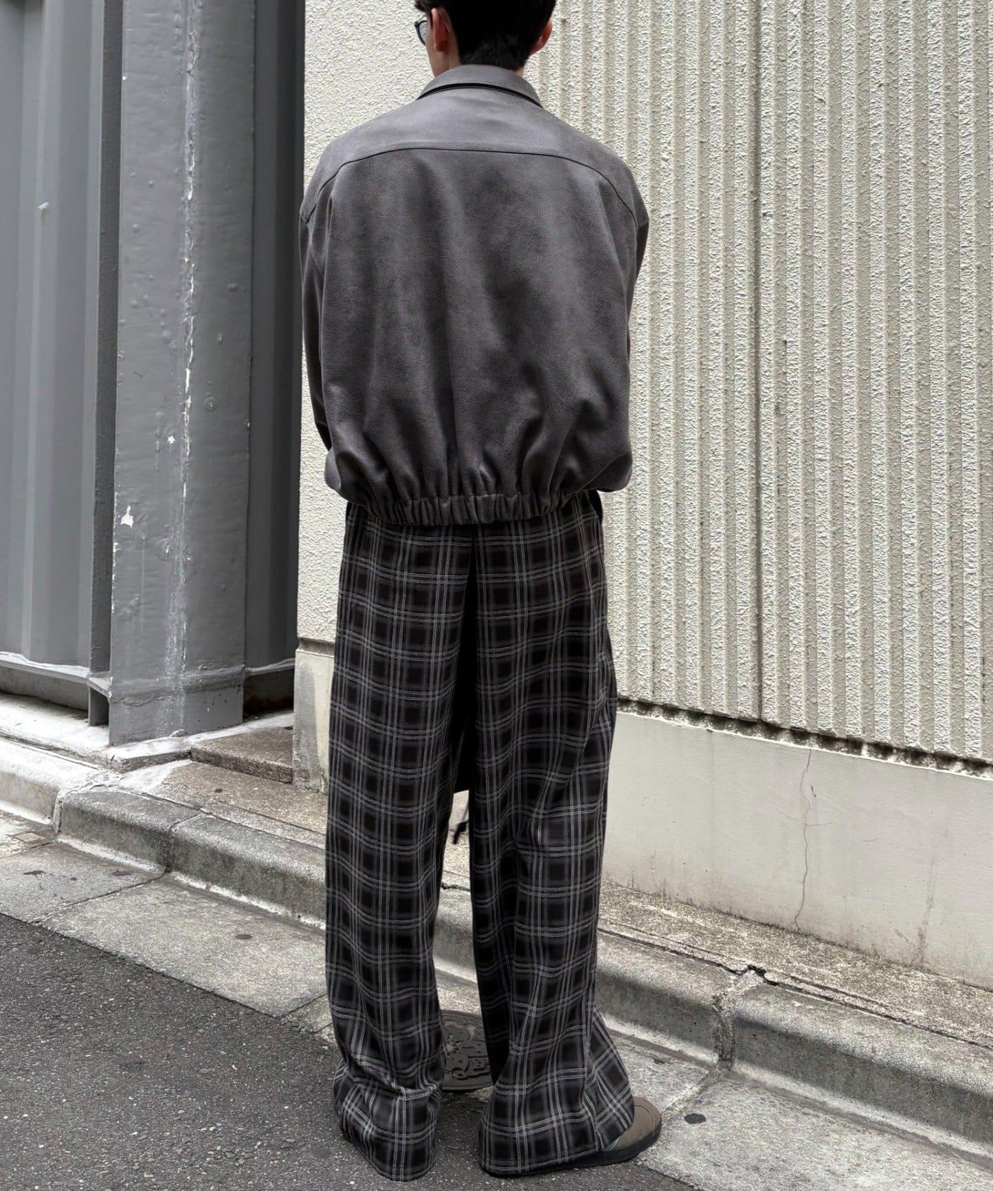 法蘭絨格紋褶皺寬鬆闊腿褲