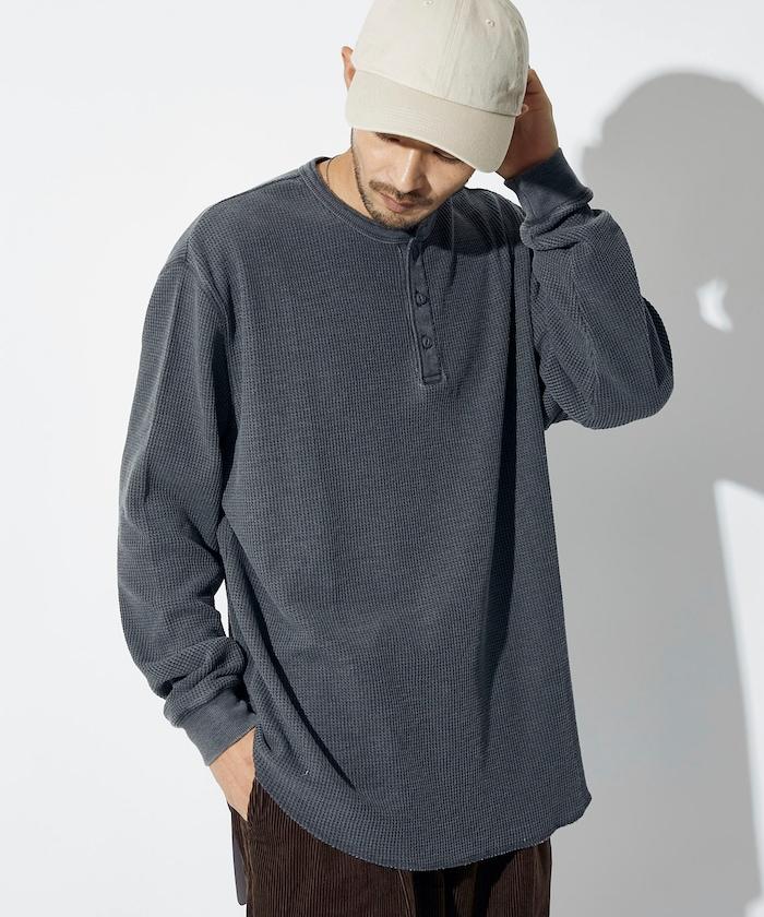 寬鬆版型水洗色華夫格長袖T恤