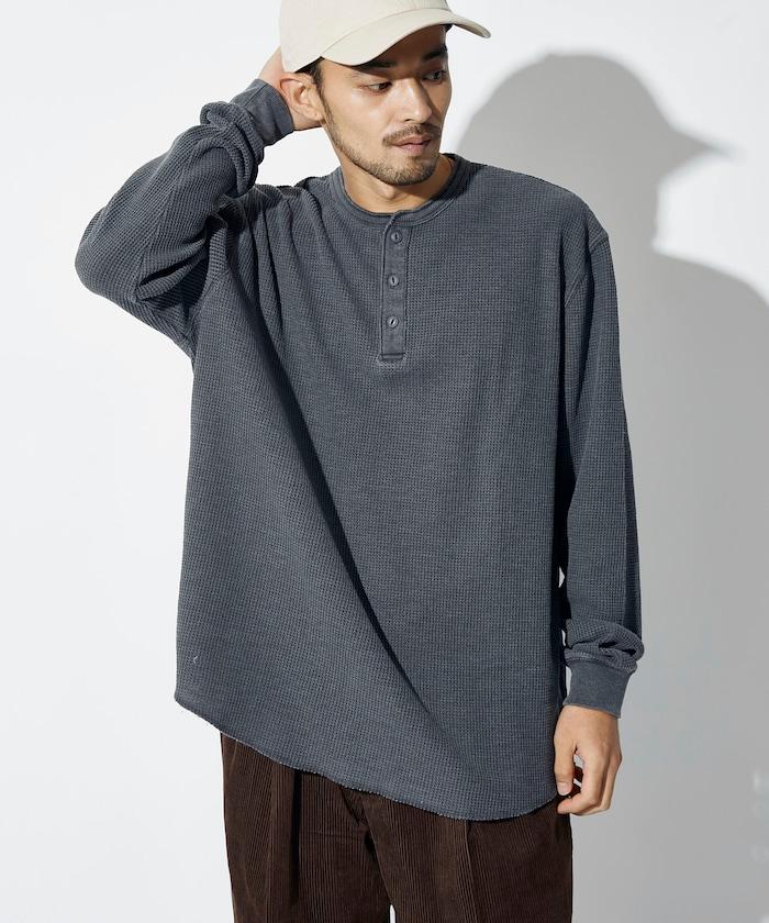 寬鬆版型水洗色華夫格長袖T恤