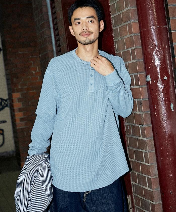 寬鬆版型水洗色華夫格長袖T恤