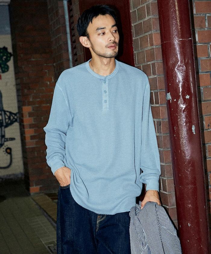 寬鬆版型水洗色華夫格長袖T恤