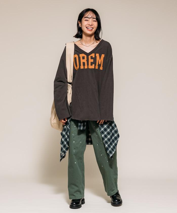 復古V領字母長袖T恤