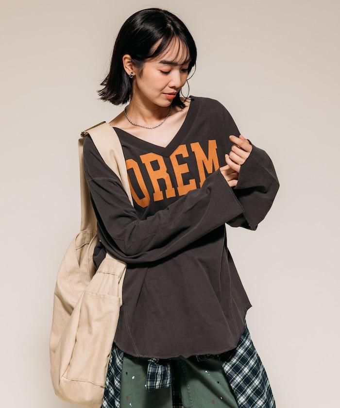 復古V領字母長袖T恤