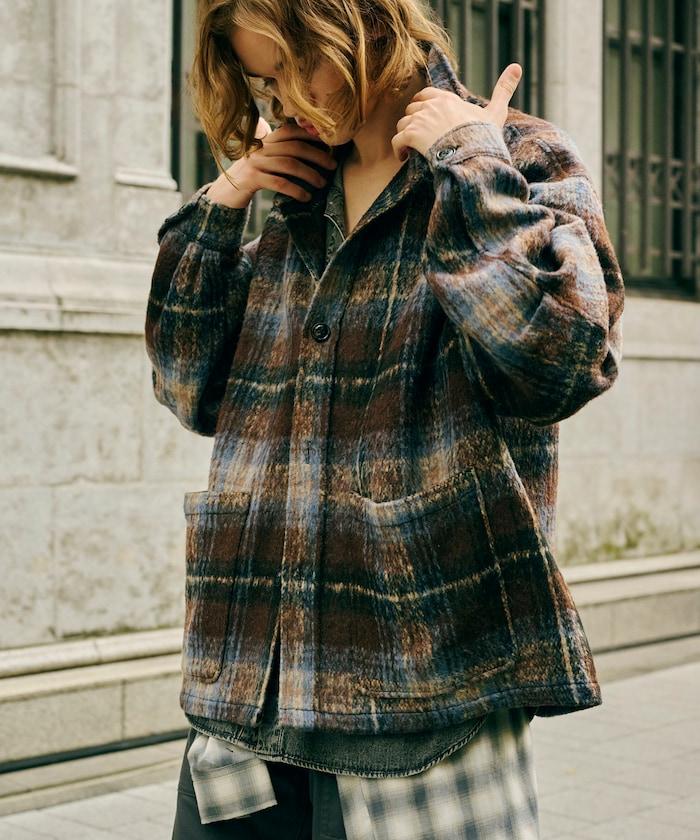 長毛格紋寬鬆夾克